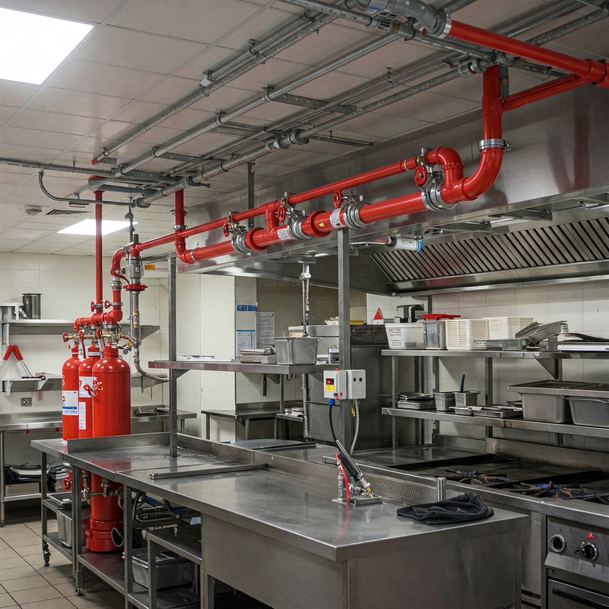 Kitchen fire suppression system with red pipes